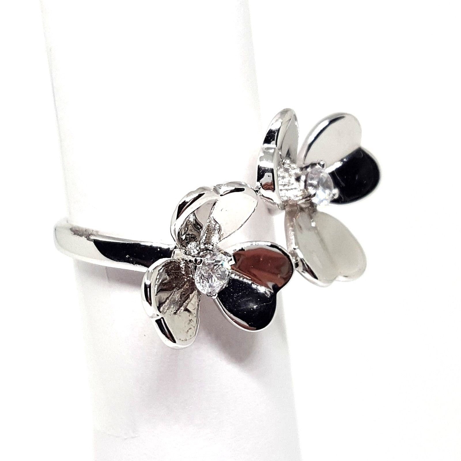 (SIZE 6,7,8) Reflective DOUBLE FLOWERS RING w/ CZ Stones .925 STERLING SILVER