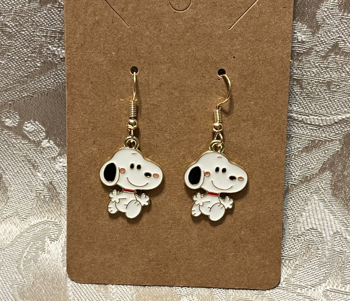 Snoopy Gold Loop Enamel Drop Dangle Adorable Earring Set