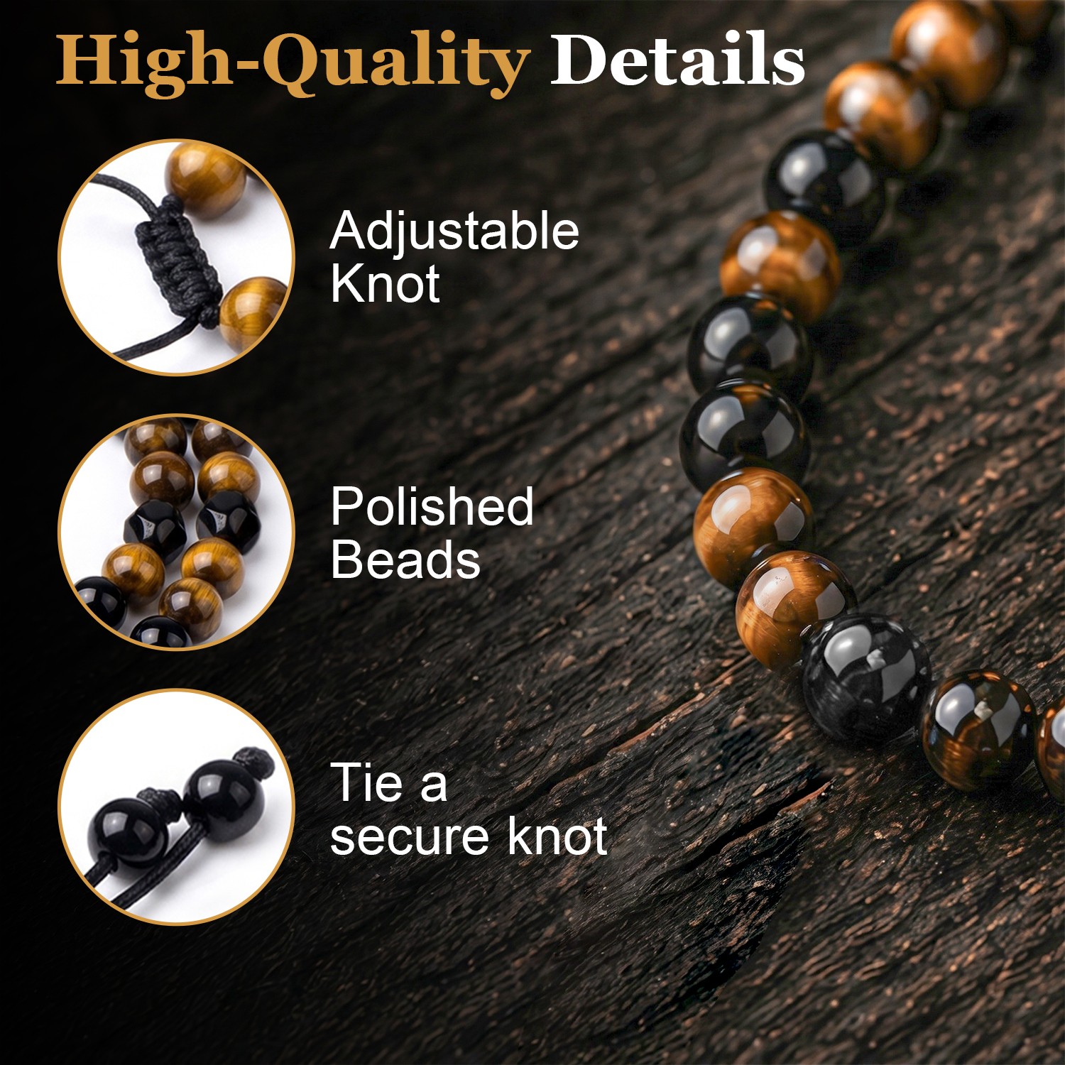 Men’s Tiger Eye Obsidian Beaded Necklace Adjustable Natural Stone Pendant Gift