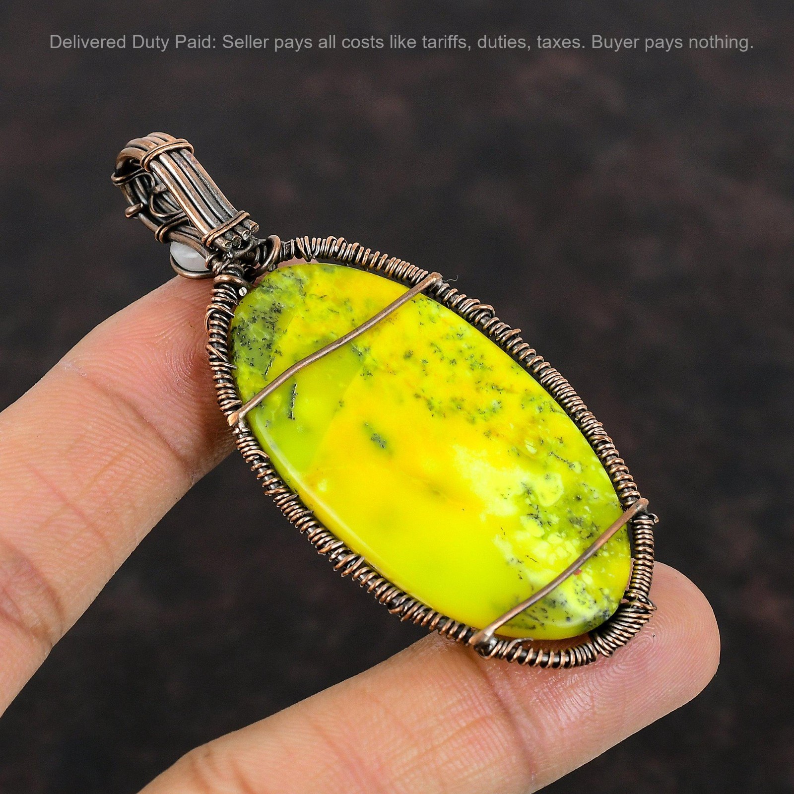 Natural Yellow Dendrite Opal Rainbow Moonstone Daughter Pendant Jewelry Copper
