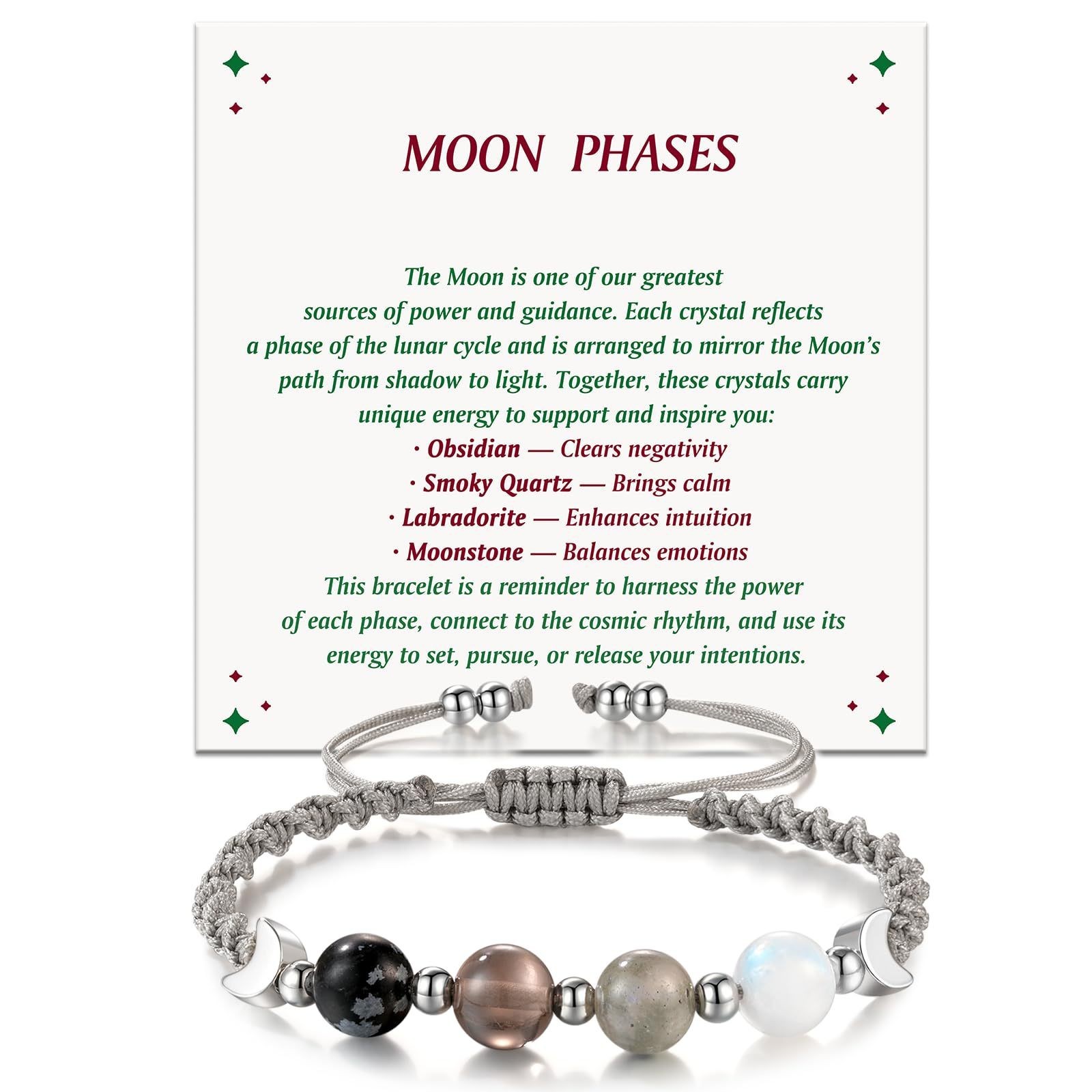 Moon Phase Crystal Bracelet Smoky Quartz Labradorite Obsidian Braided Rope Gift