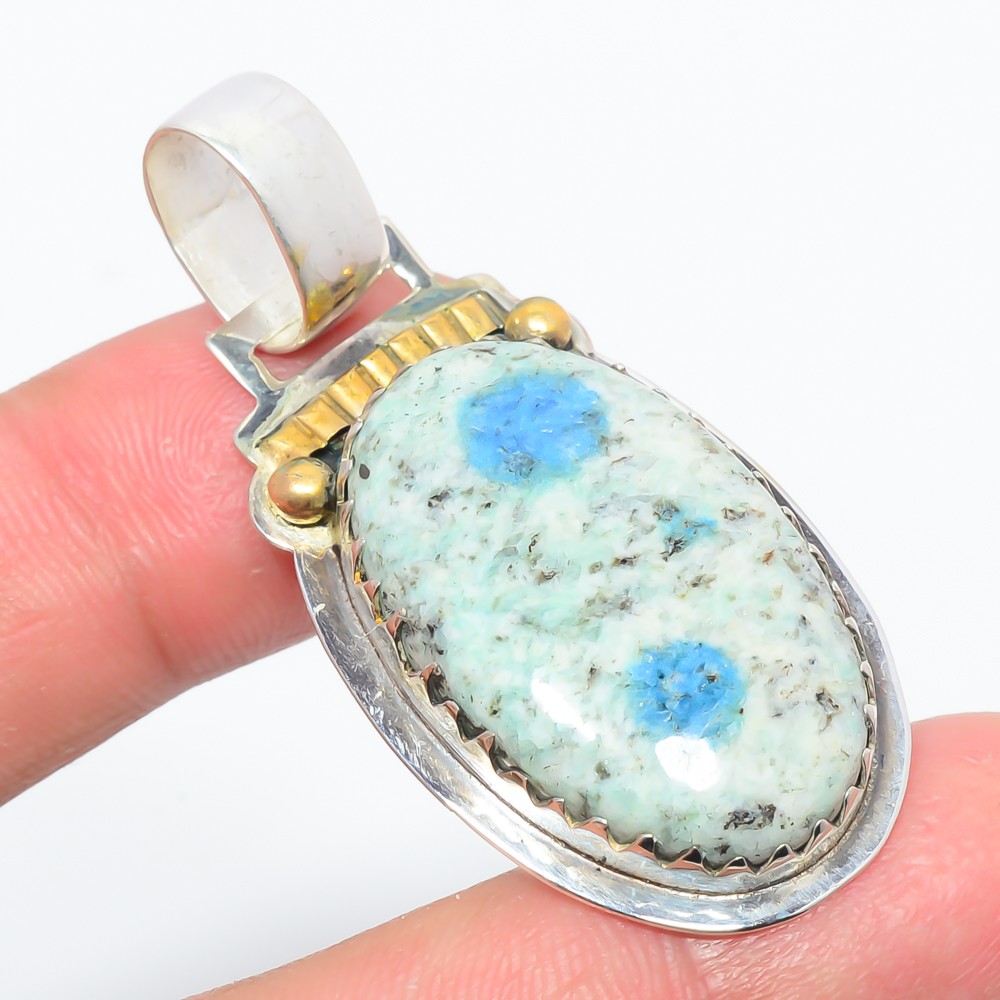 K2 Blue – Azurite In Quartz 925 Silver Two Tone Gold Plated Pendant 2.26″ T62