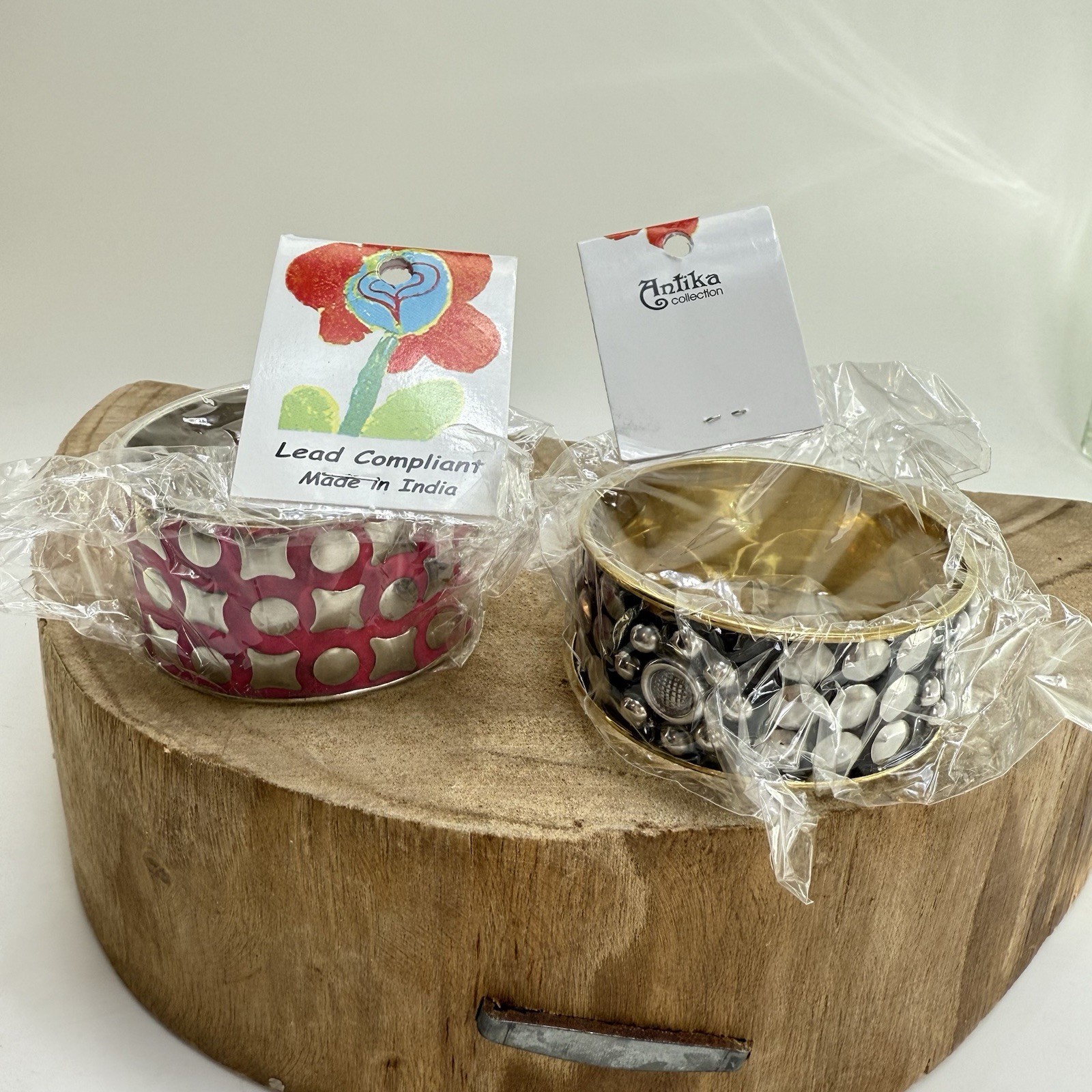 Two NWT Antika Collection Wide Metal Bangles Pink Geometric & Black Studded
