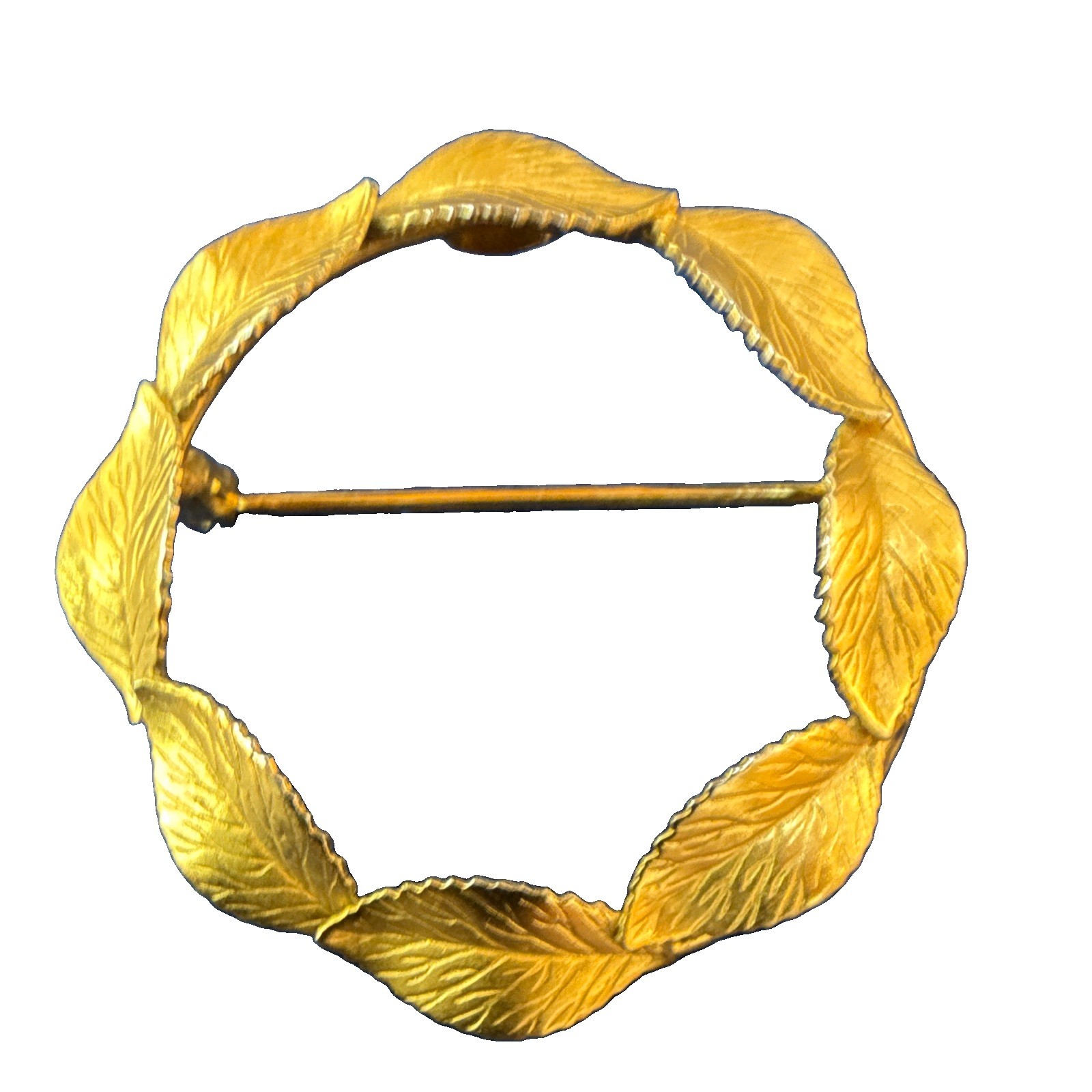 12K Gold Filled Leaf Wreath Circle Brooch Pin Nature Theme 1.25 in