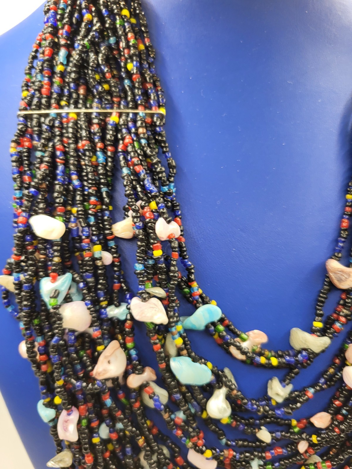 Black Multicolor Multi Strand Seed Bead Shell Bib Necklace Large 30″ Unisex