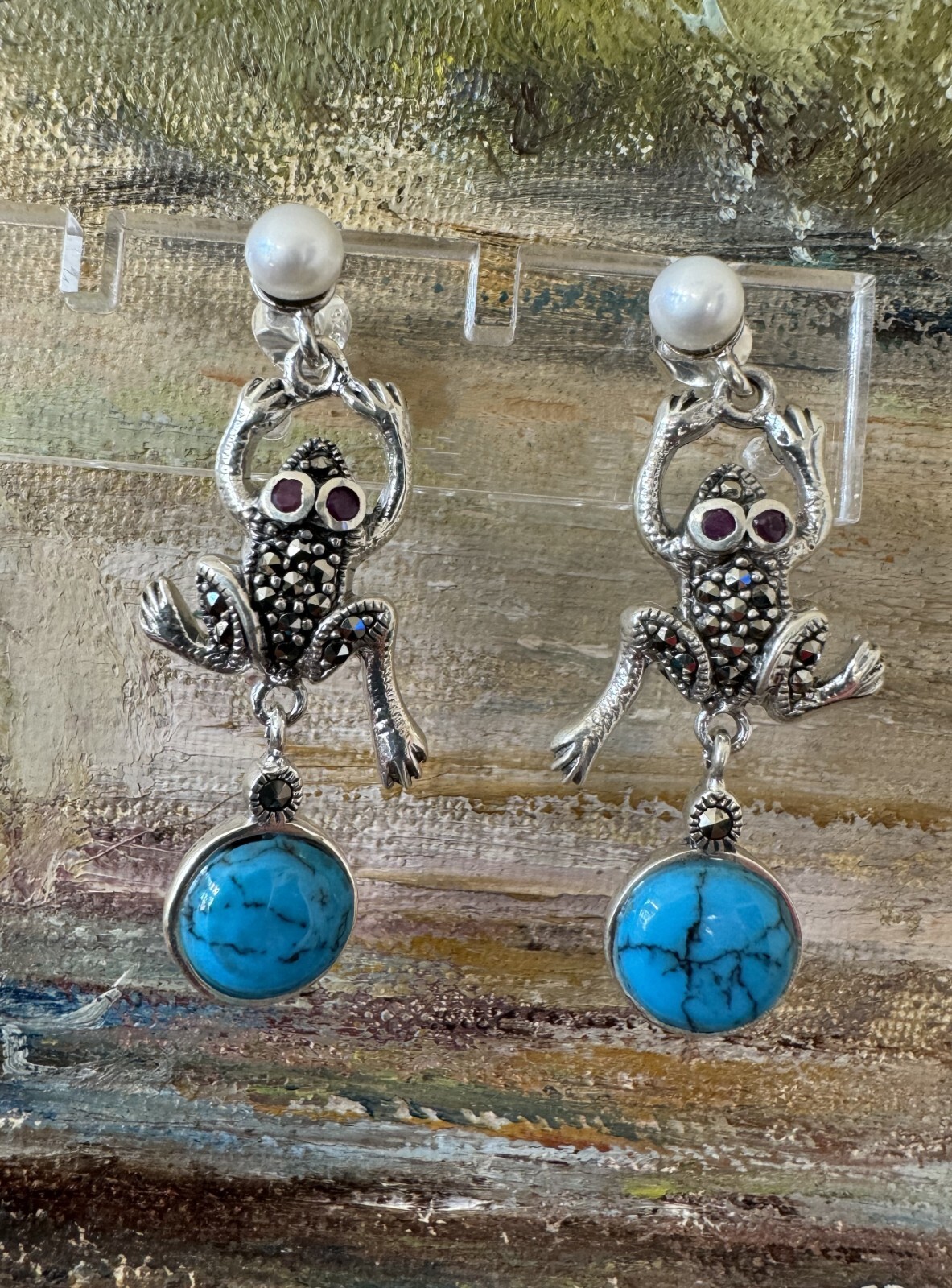 Frog Earrings, Stabilized Turquoise Gems, Stud, 925 Sterling Silver, Marcasite