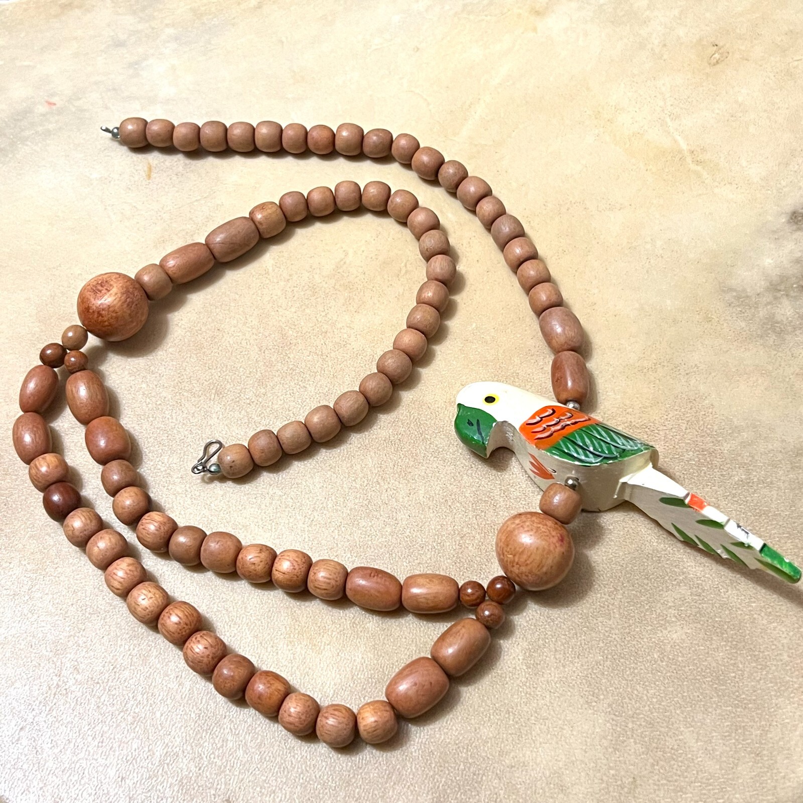 Tropical Luau Wooden Lei Necklace, Multi Strand w/ Hand Painted Parrot VTG – 26″