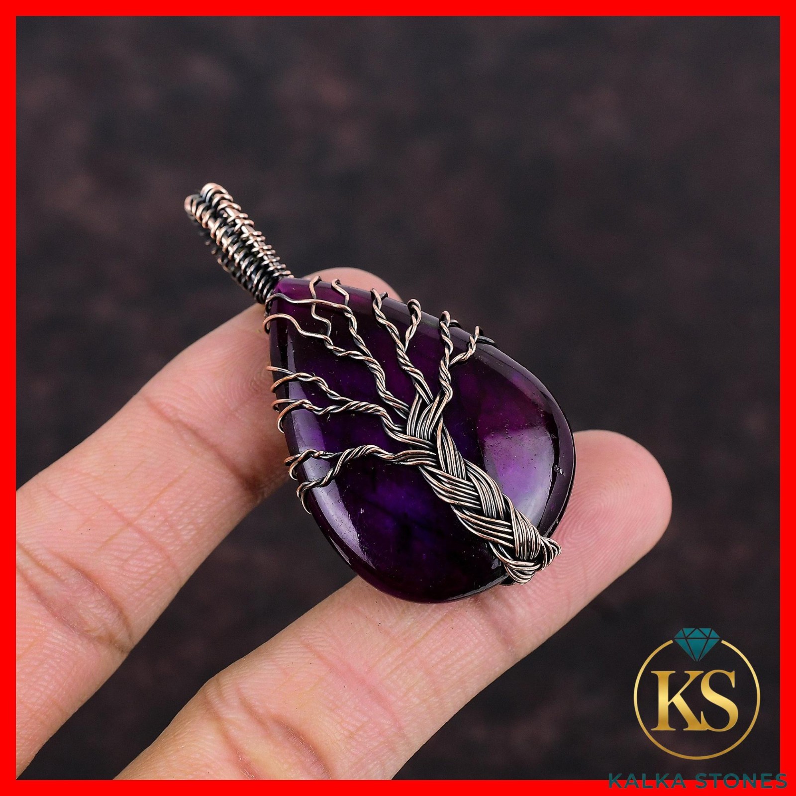 Pear Natural Pink Fire Labradorite Copper Tree Of Life And Wire Wrapped Pendant