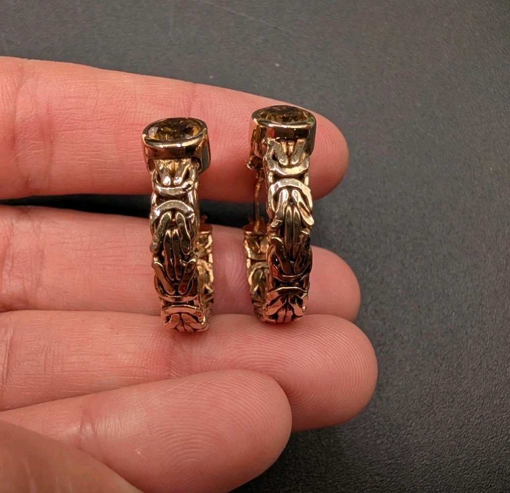 Sterling Silver Gold Vermeil Byzantine Citrine Gemstone OT Turkey Hoop Earrings