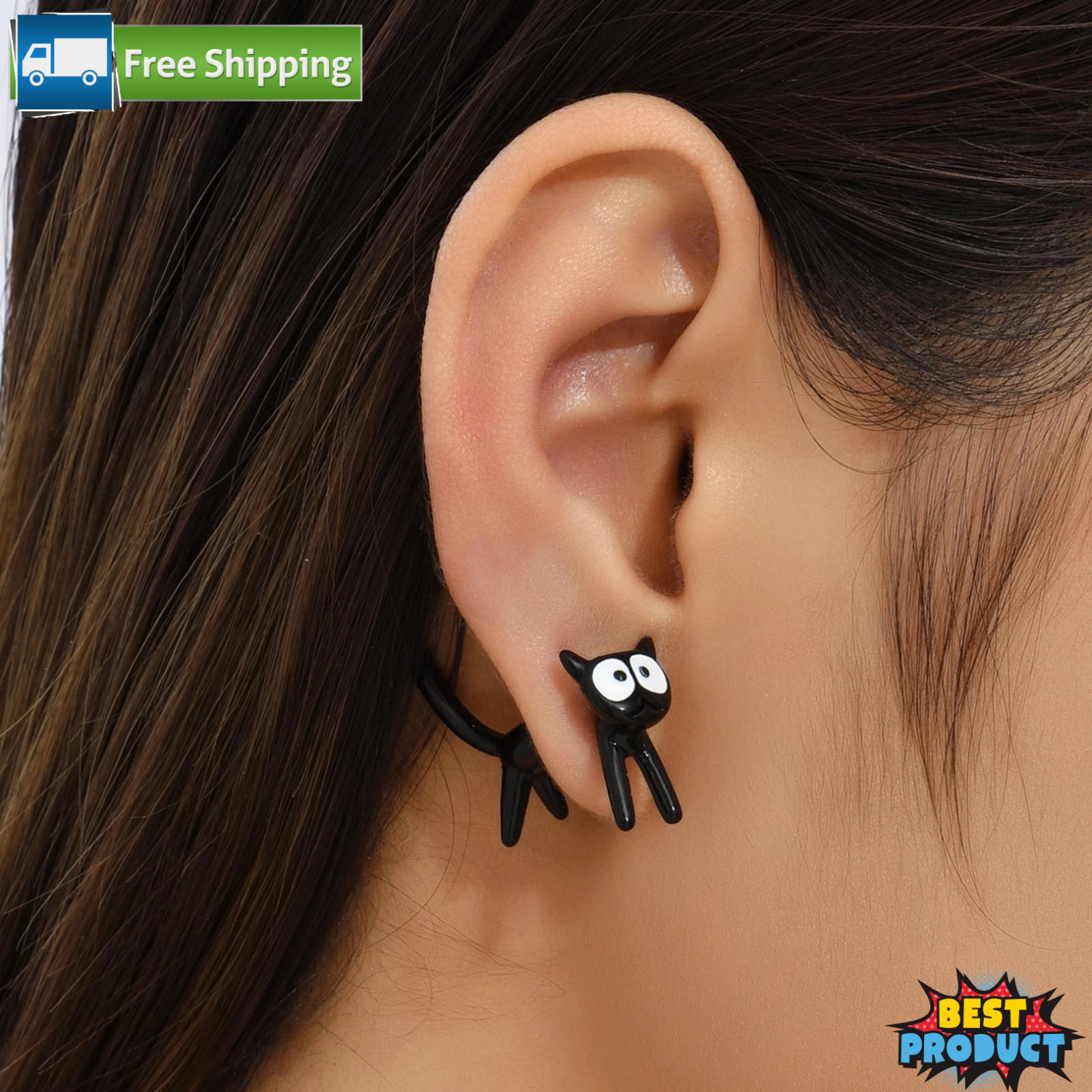 1 Pair Black & White Cat Front & Back Earrings – Cute Animal Pet Jewelry Gift