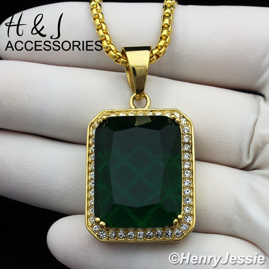 18-36″Stainless Steel 3mm Gold Plated Box Chain Green Rhinestone Pendant*AGP103