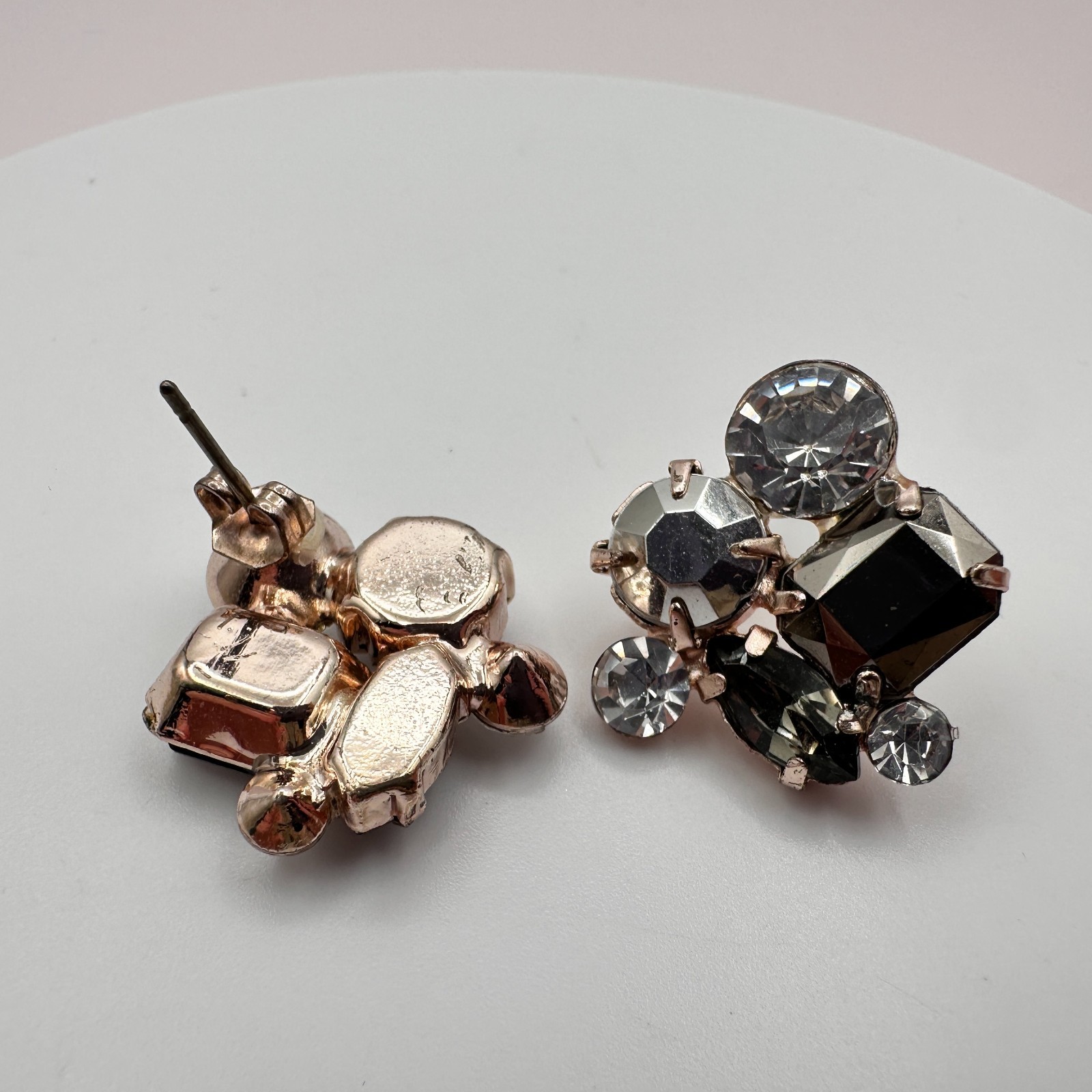 Vintage 80s Smoky Crystal Cluster Stud Earring Rose Gold Tone Statement Jewelry
