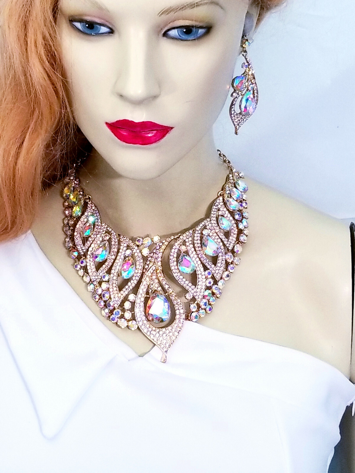 AB Statement Necklace Earring Crystal Rhinestone Bridal Pageant Prom Jewelry
