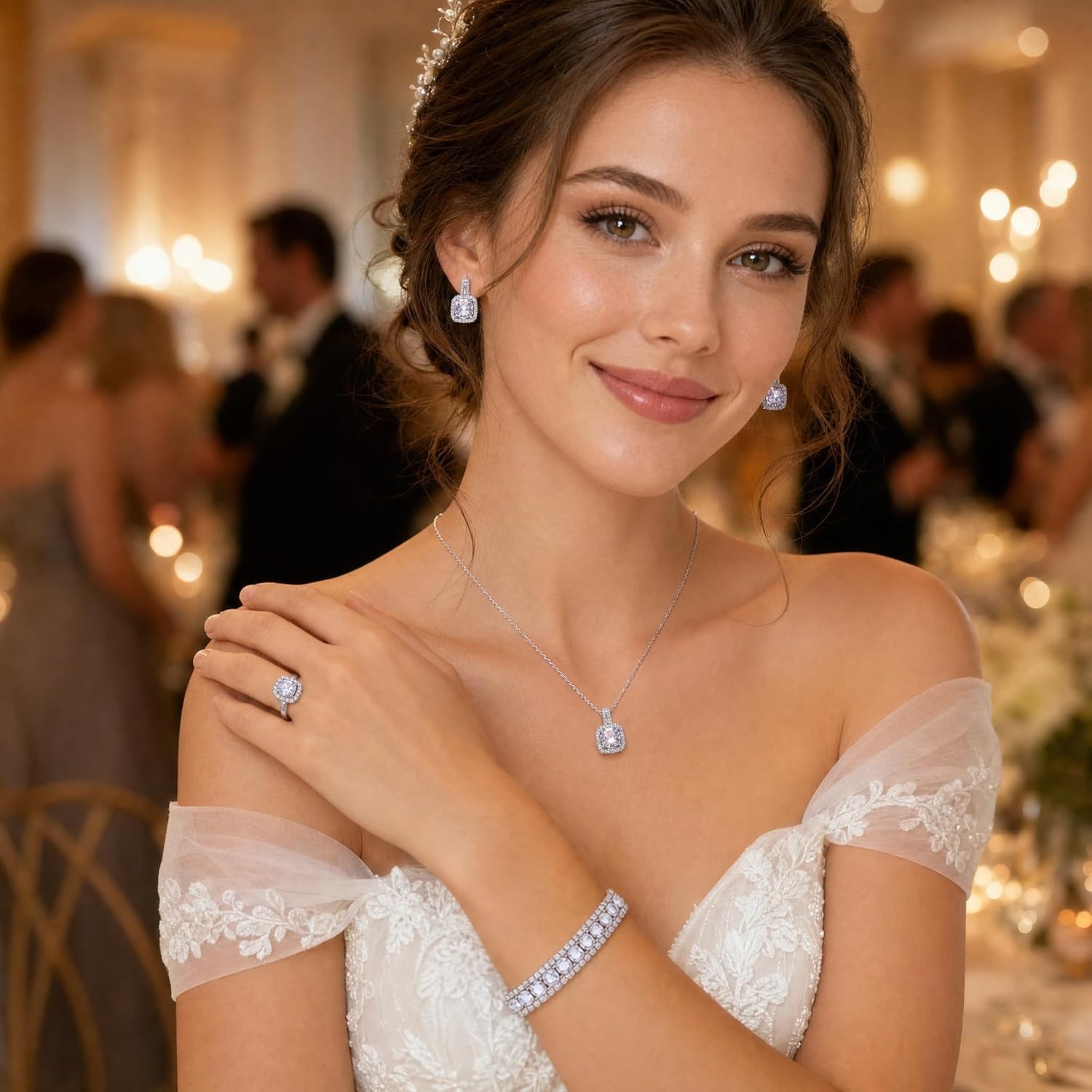 4Pcs CZ Wedding Jewelry Set Necklace Earrings Bracelet Ring for Bride Women