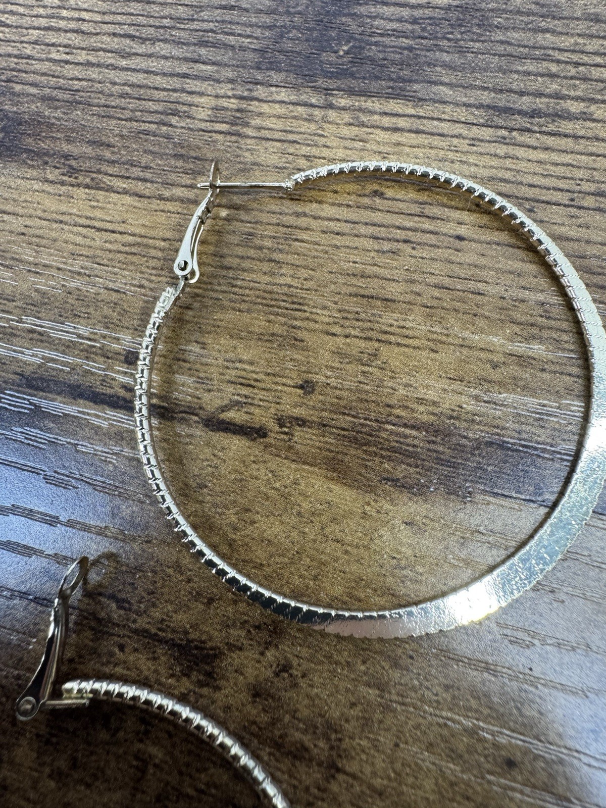 Large Gold Tone Textured Flat Hoop Earrings Latch Back Pierced Statement