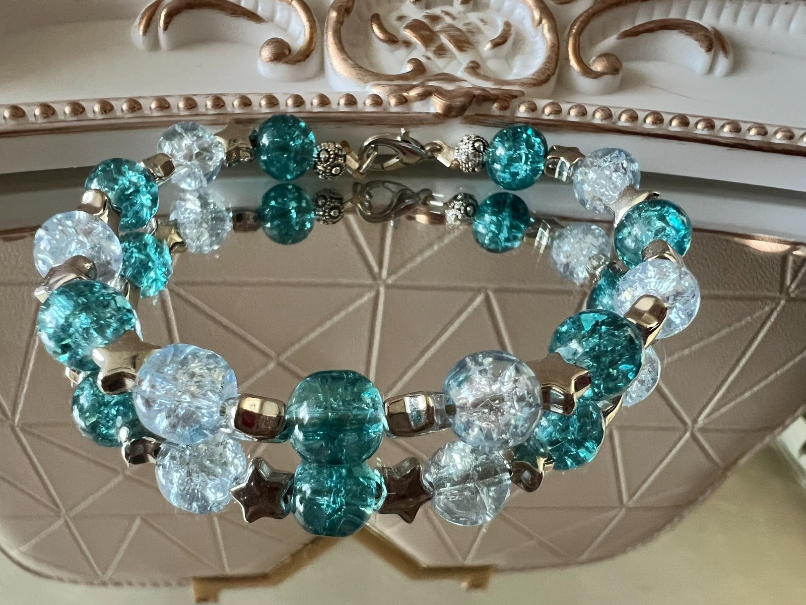 handmade unelastic unique aqua glass beads & silver stars accents bracelet