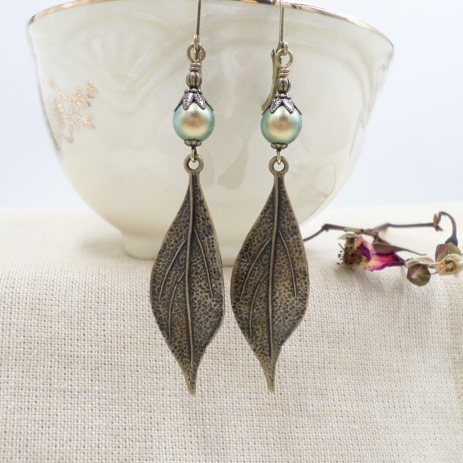 Bohemian Brass Botanical Leaf Earrings, Green Glass Pearl Nature Lover Jewelry