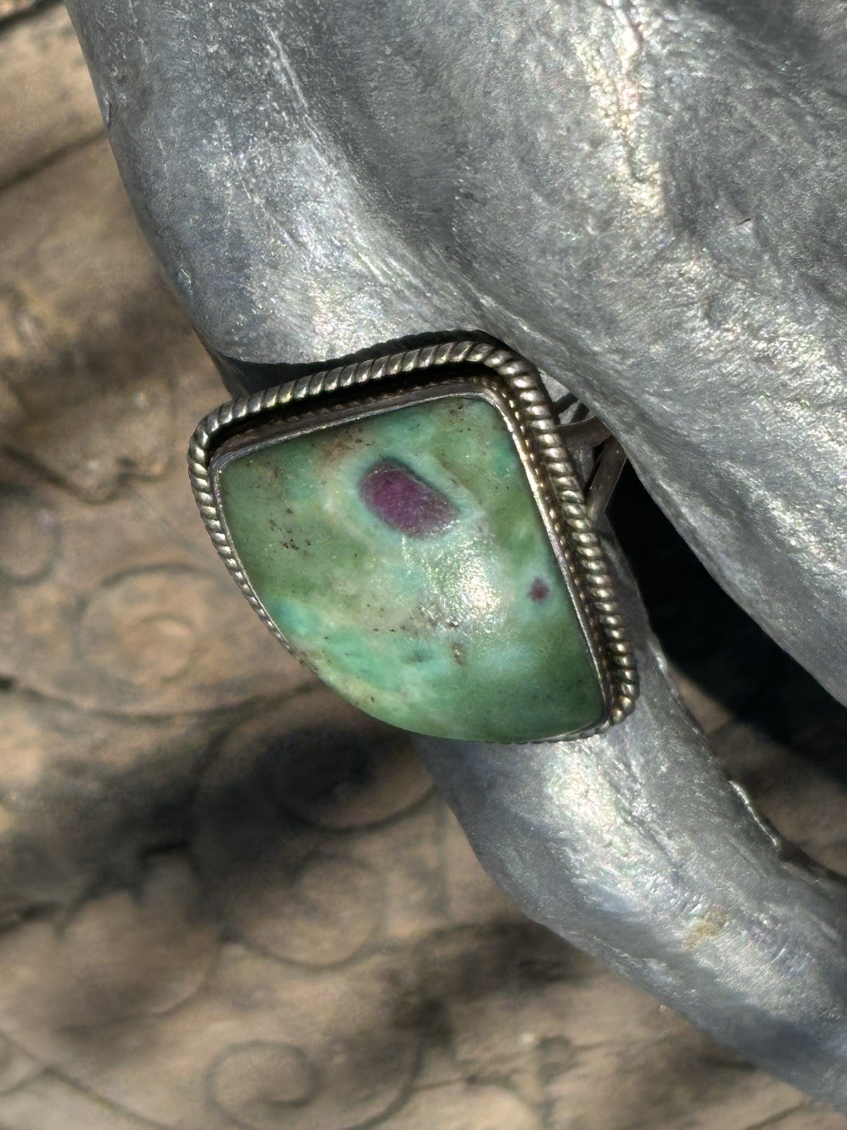 Handmade sterling silver Ruby in fuschite gemstone bezel set ring size 8