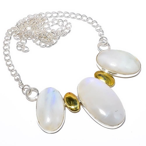 Rainbow Moonstone 925 Sterling Silver Two Tone Handmade Necklace 16.17.99″ A364