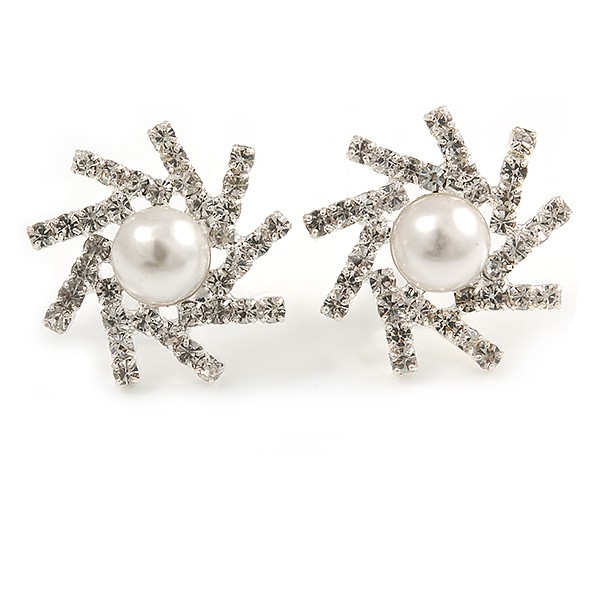 Clear Crystal Faux Pearl Snowflake Stud Earrings In Silver Tone – 20mm Diameter