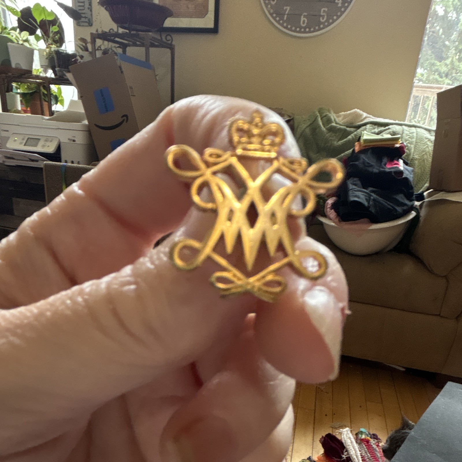 Gold Tone Monogram Letter M Crown Pin Brooch Metal, No Stone