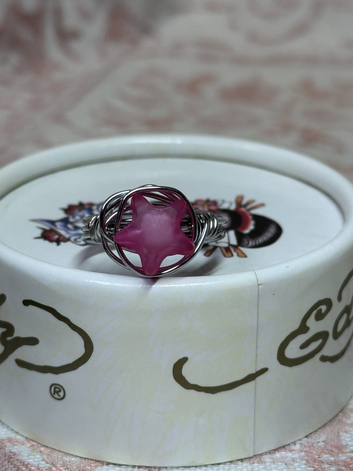 Silver Tone Wire Wrapped Cocktail Ring w/ Pink Star Stone Size 7 Handmade