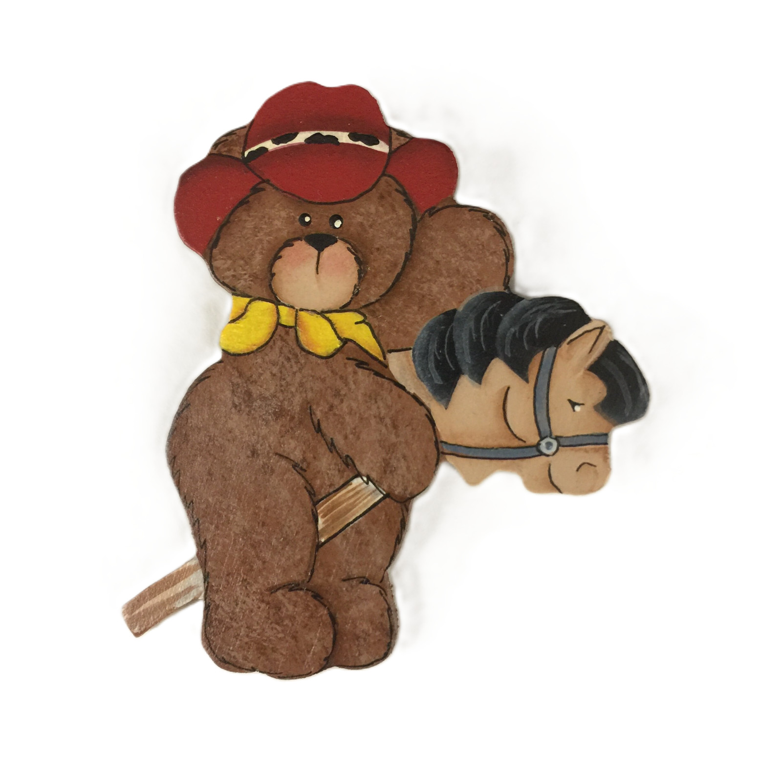 Brooch Cowboy Teddy Bear on Horse Pin Wooden Hand Painted Locking Bar Back VTG B