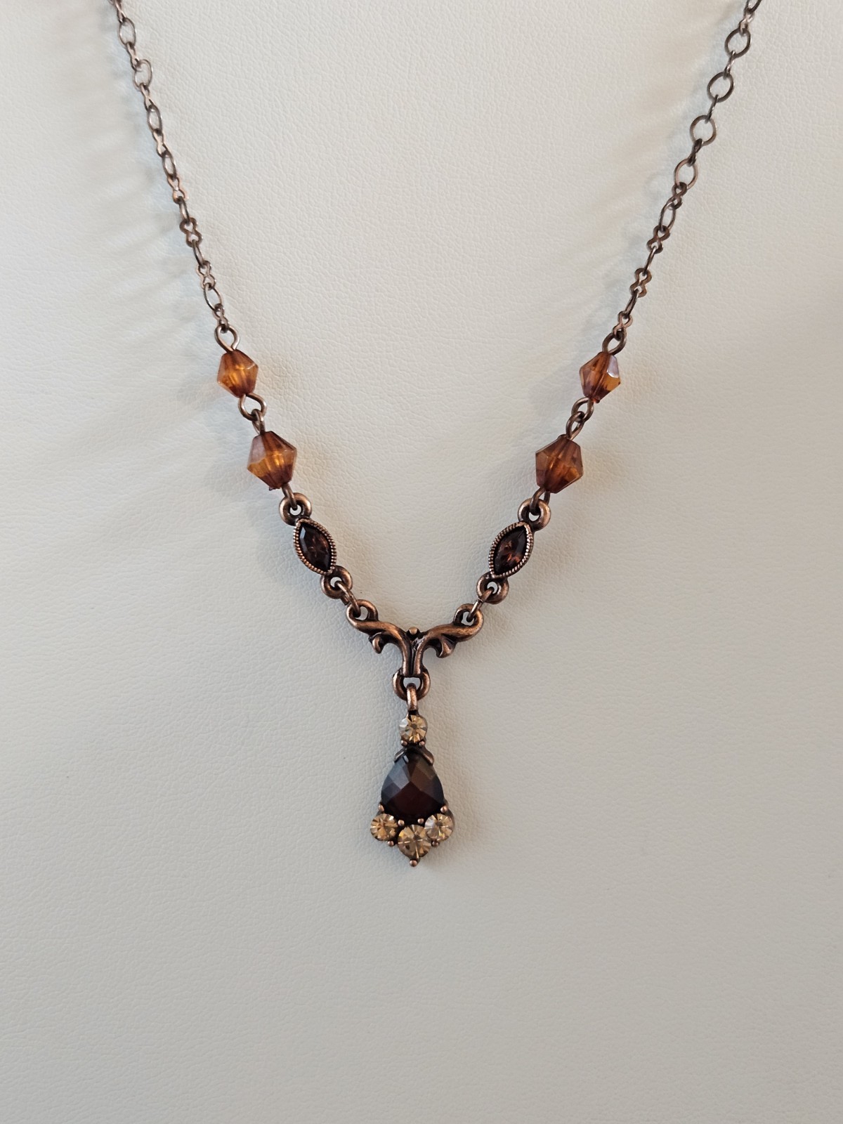 Vintage 1928 Signed Brown Cable Chain Necklace Teardrop Charm Pendant