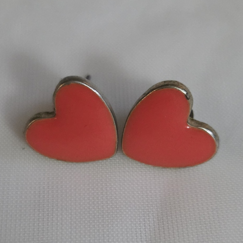 Orange Enamel Heart Stud Earrings Gold Tone Metal Butterfly Back Love Theme