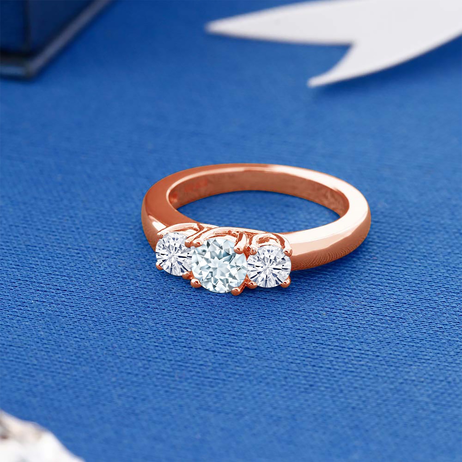 18K Rose Gold Plated Silver 3-Stone Ring Aquamarine Moissanite (0.96 Cttw)
