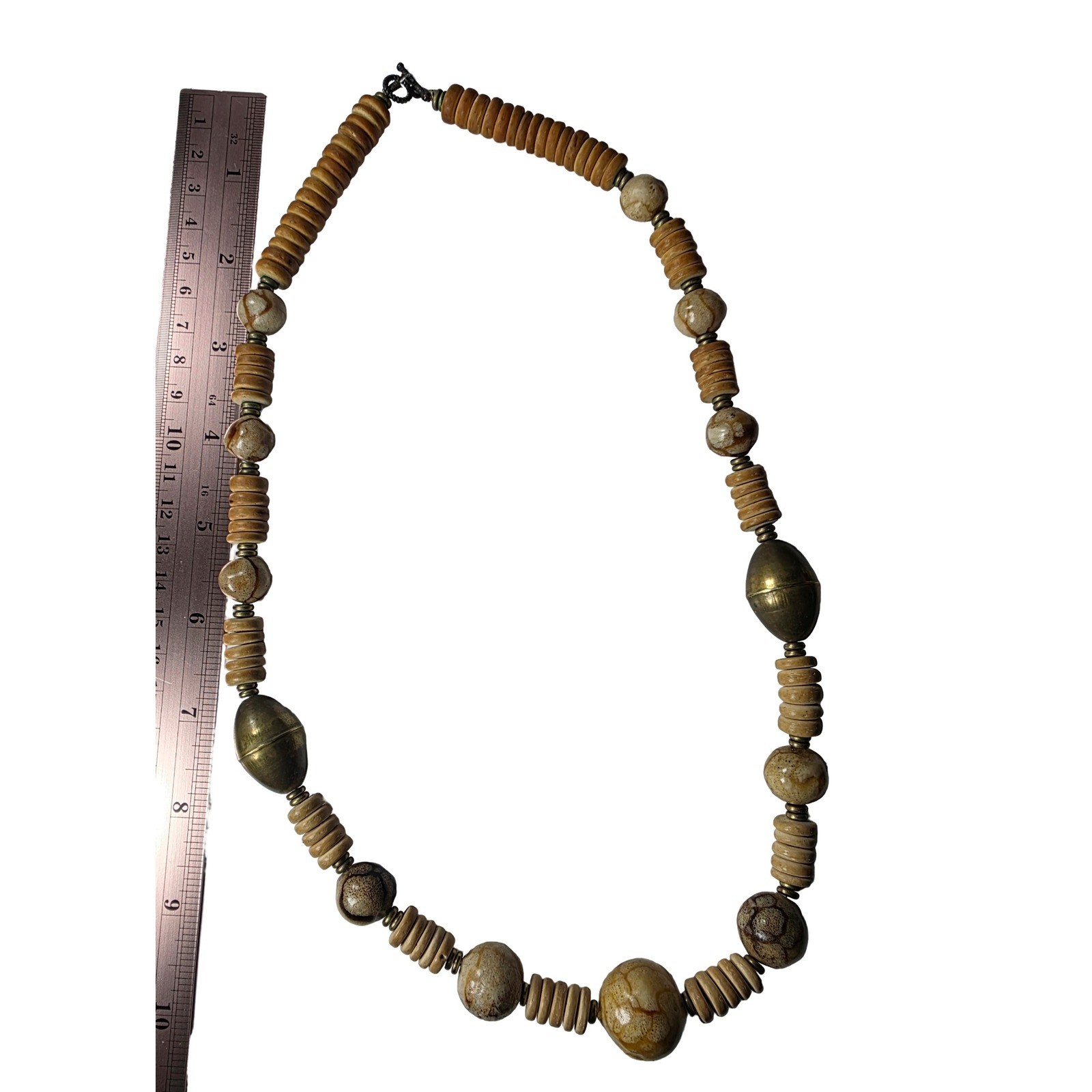 Boho Chunky Picture Jasper Bead Wooden Disc Brass Statement Necklace Bohemian