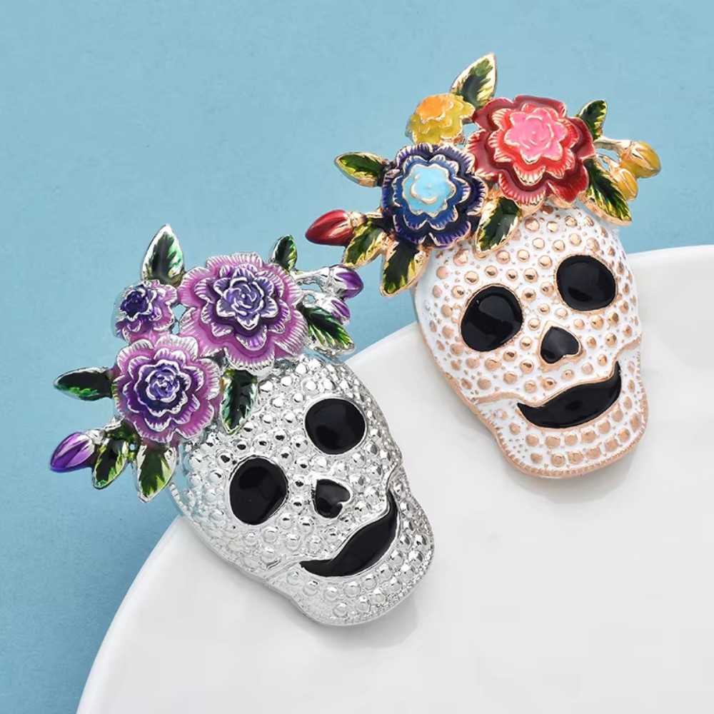 Vintage Halloween Sugar Skull Mask Brooch Pin Gold Enamel Gothic Jewelry Gift