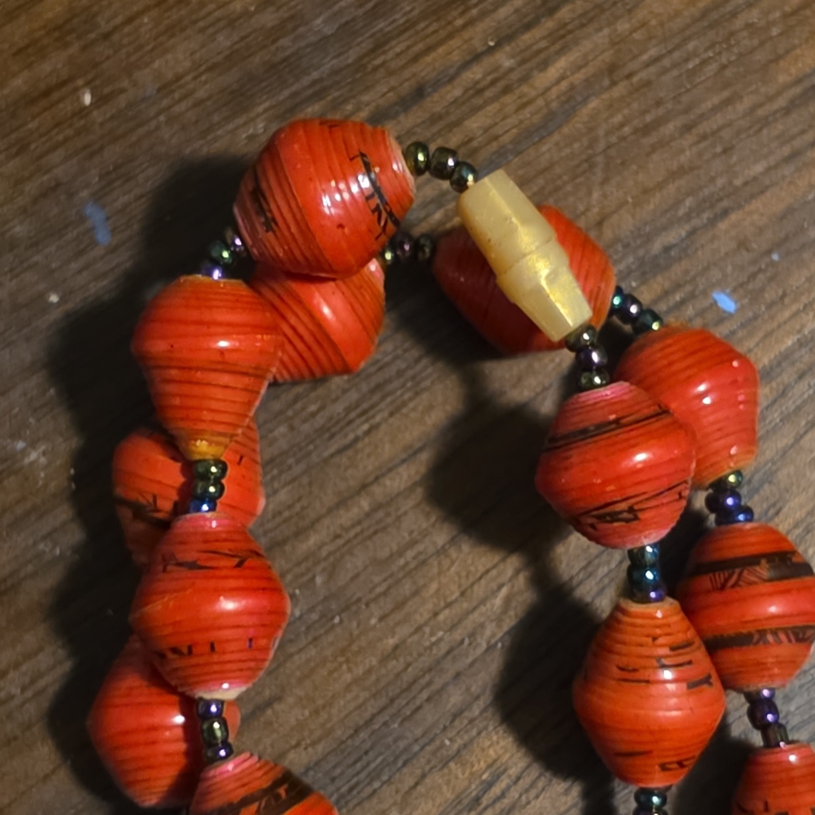 Beaded Necklace Lot of 3, Black Purple Orange, Wood & Plastic, Hook