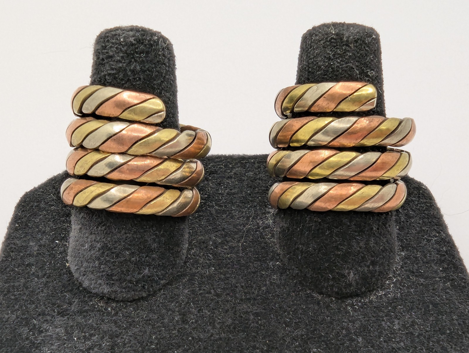 Tibetan Three Metal Coil Rings. Brass, Copper & Silver Tone Metals. Pair Of 2