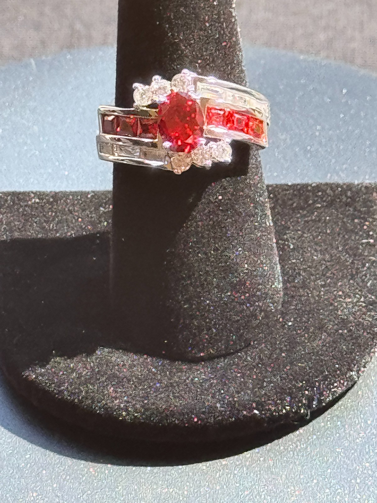 Unique Red Oval Statement Ring with Round Accents Size 9 Free Shipping