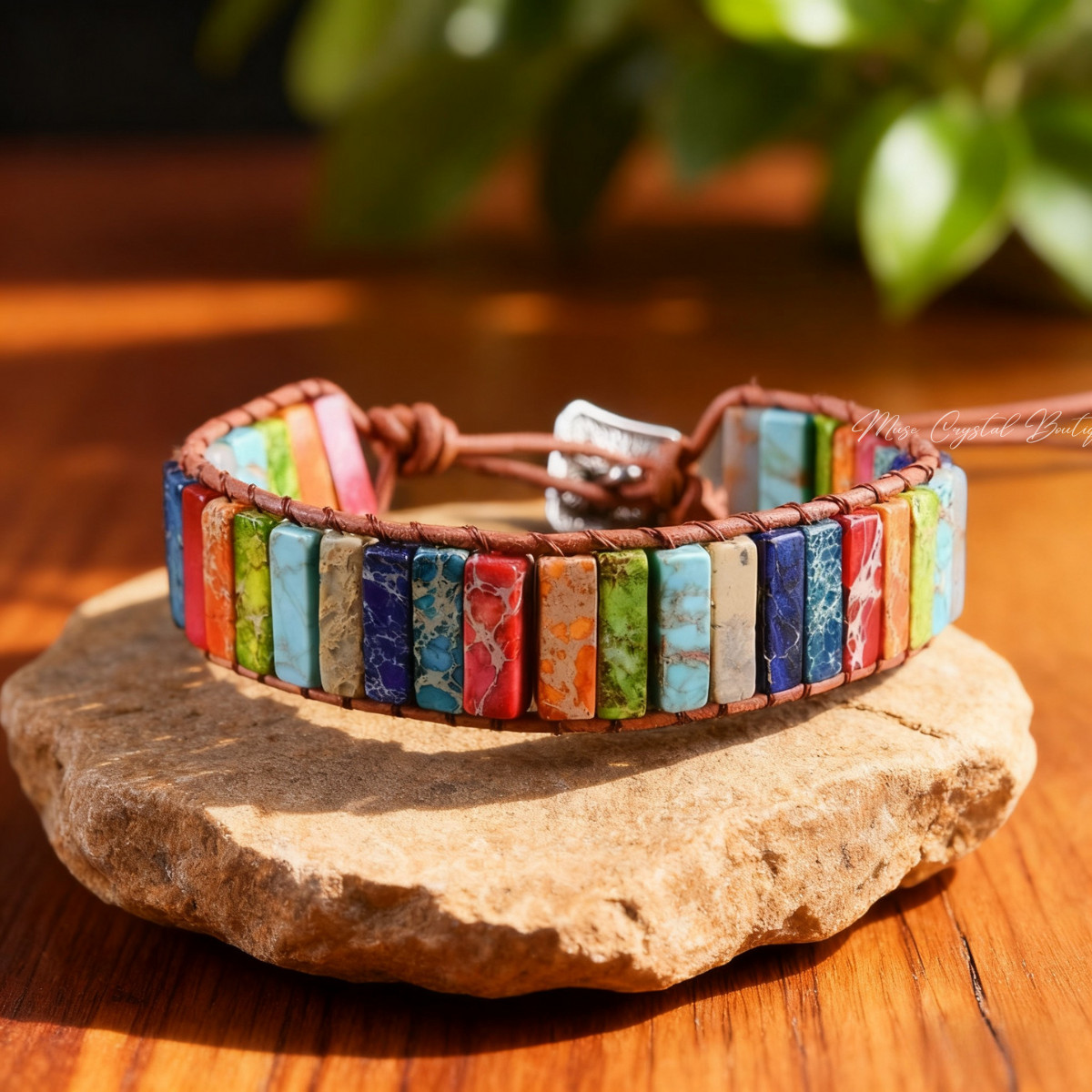 Rainbow Jasper 7 Chakra Crystal Bracelet Leather Healing Stone Bracelet Gift