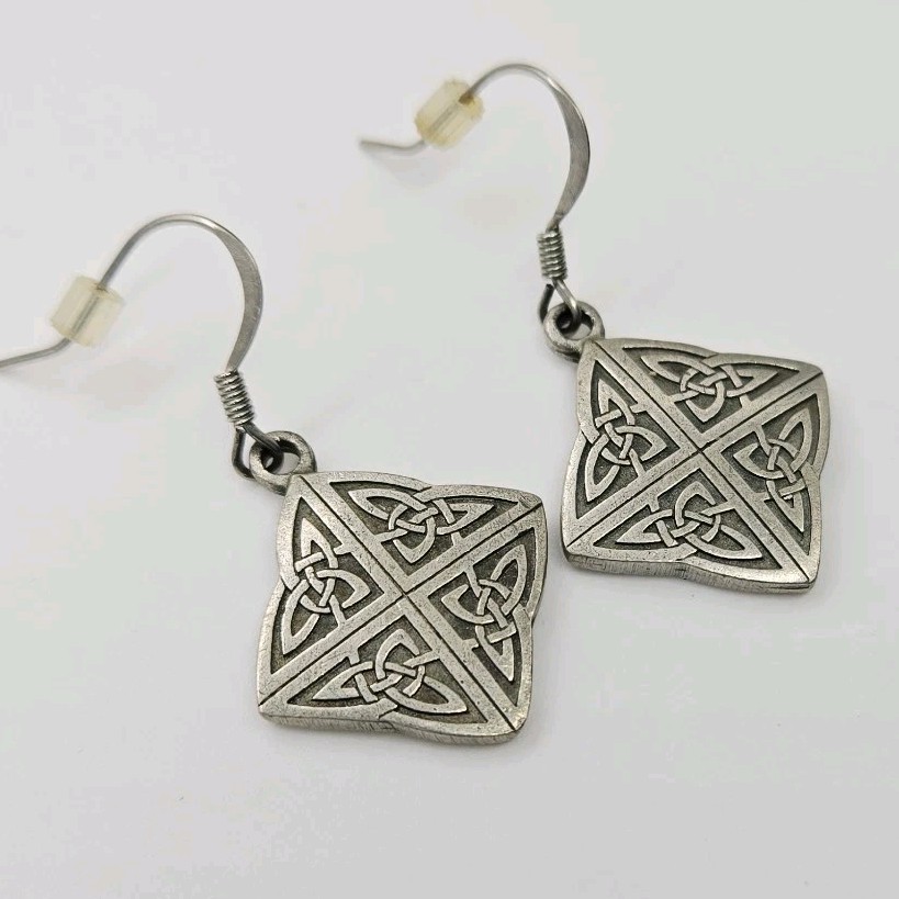 Danforth Earrings Fine Pewter Usa Pierced Dangle Celtic Cross 1.5 in Vintage