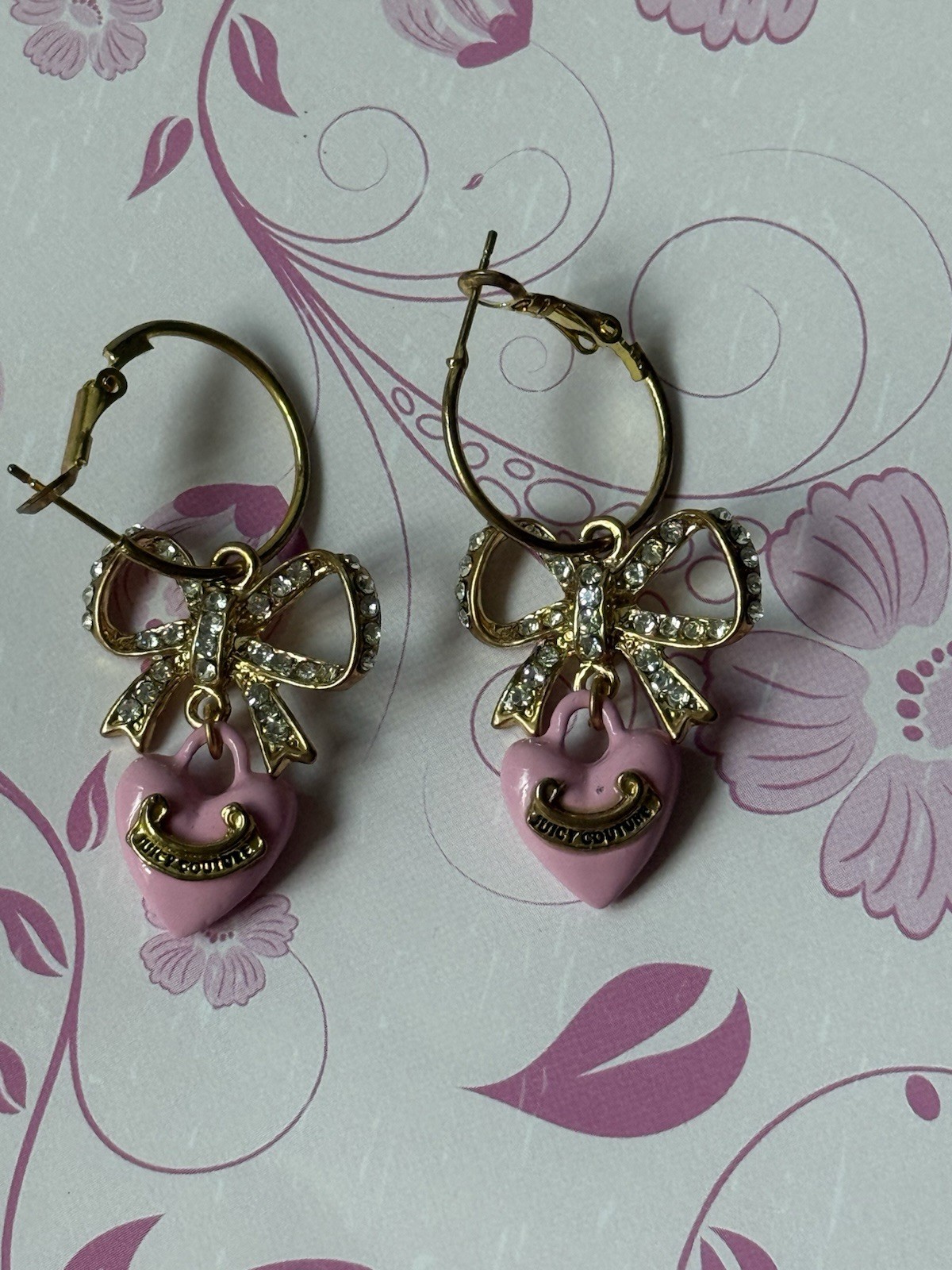 Rare Hard To Find Vintage Juicy Couture Pave Bow And Pink Heart Earrings