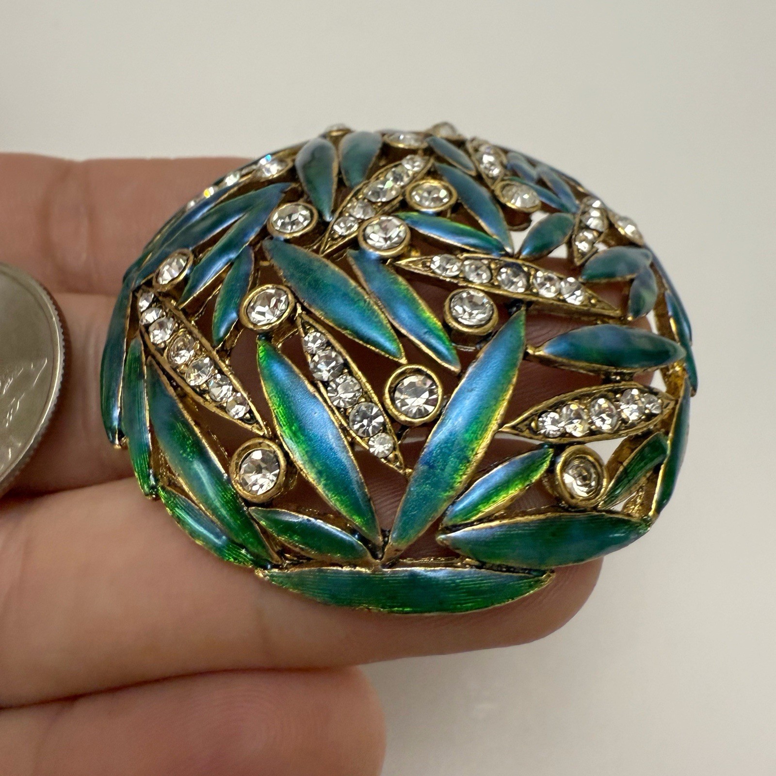 Kenneth Jay Lane KJL Aqua Teal Enamel Clear Rhinestone Leaves Round Brooch Pin