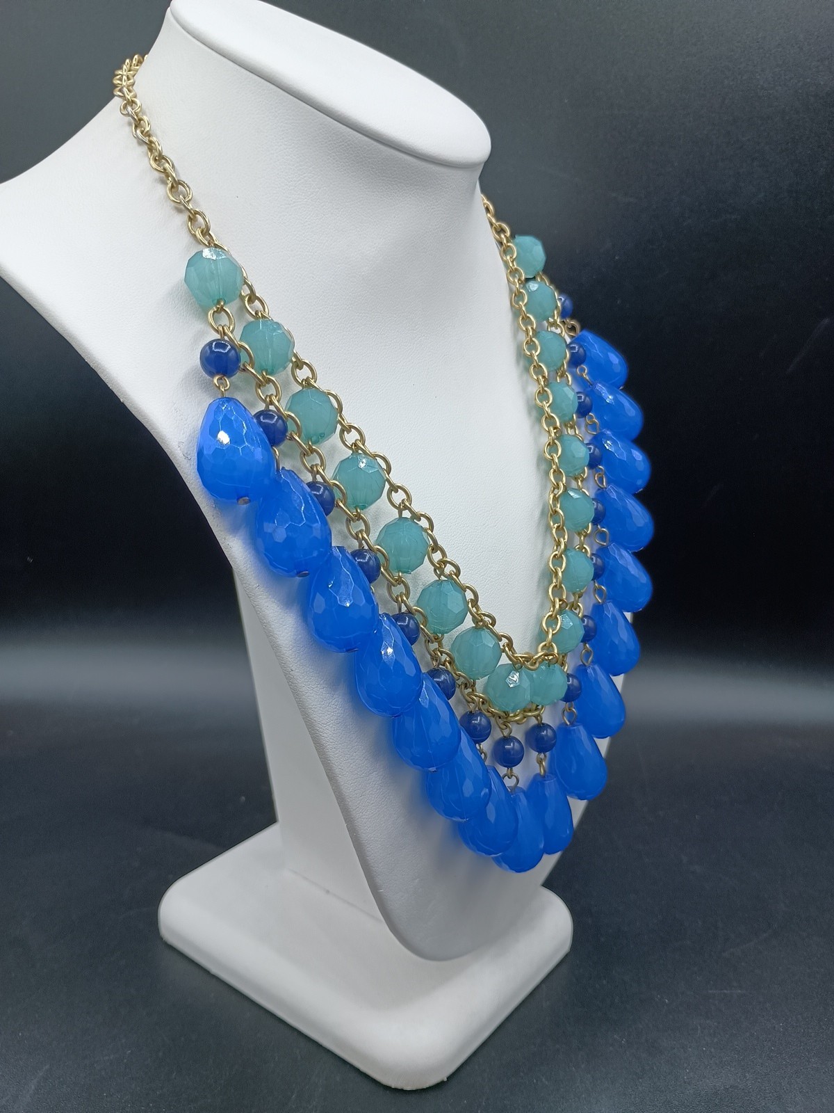 Blue Beaded Bib Necklace Faceted Dangle Gold Tone Chain 18″ Adjustable