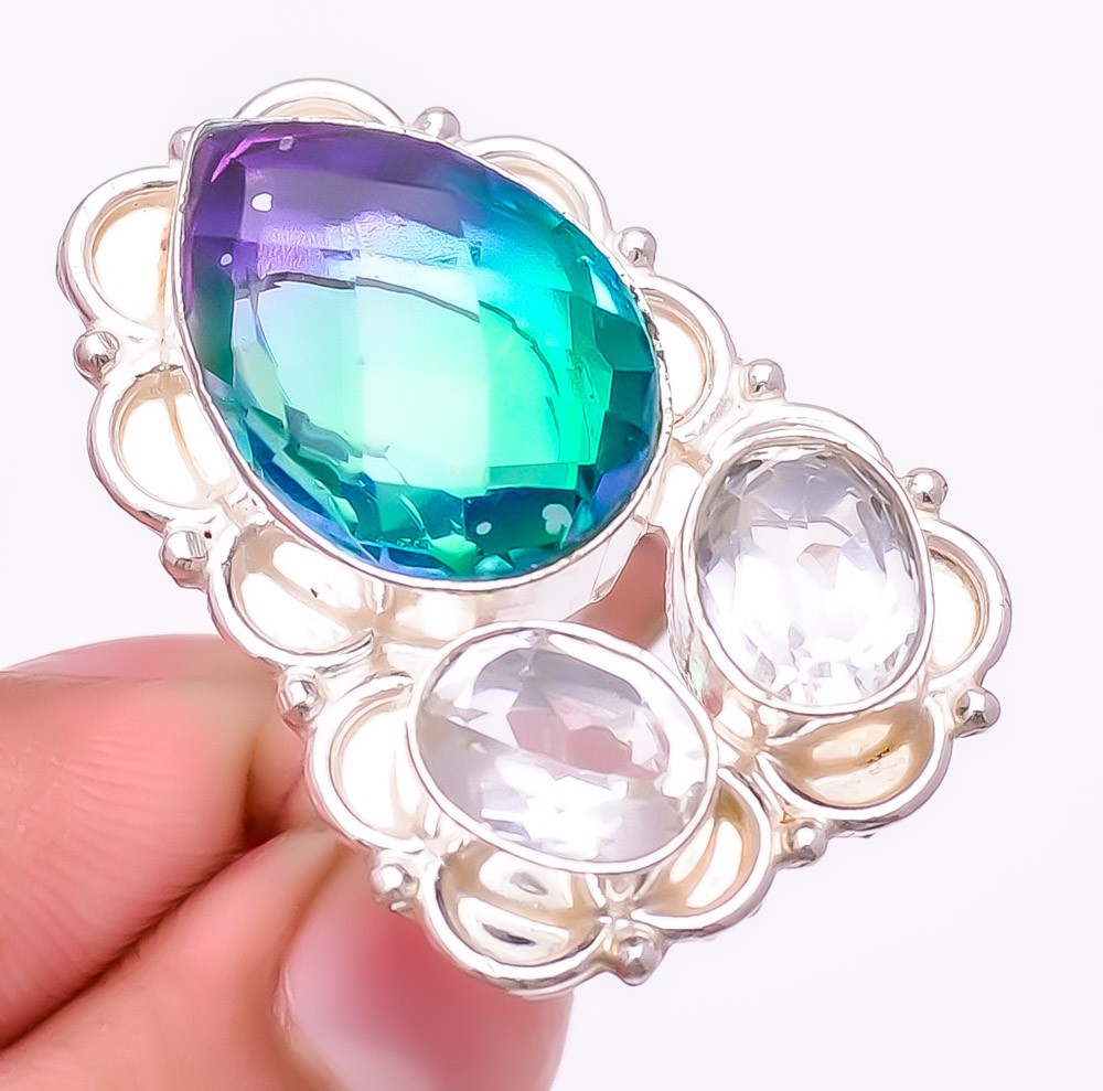 Bi-Color Tourmaline Gemstone 925 Silver Plated Ring 7 (10449) T656