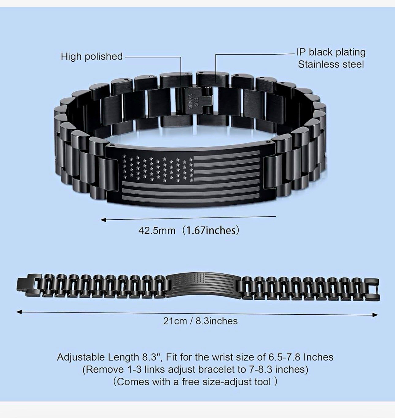 Black Stainless Steel Engraved Link Bracelet 8.3in Adjust U.S. Flag/Joshua 1:9