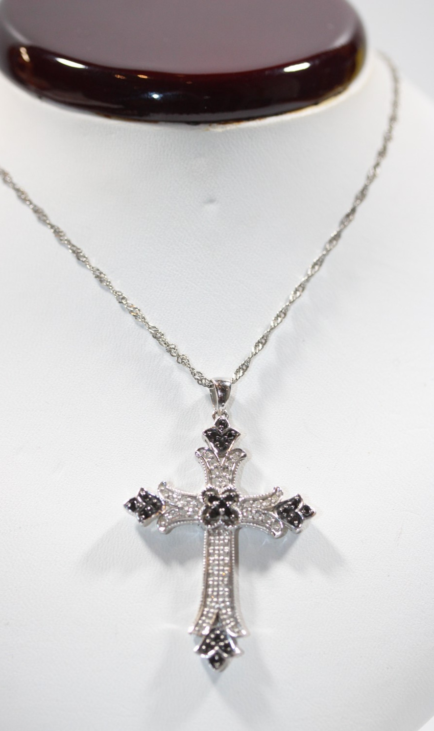 Sterling Silver JS Black and White Diamond Tested Cross Pendant Necklace #216
