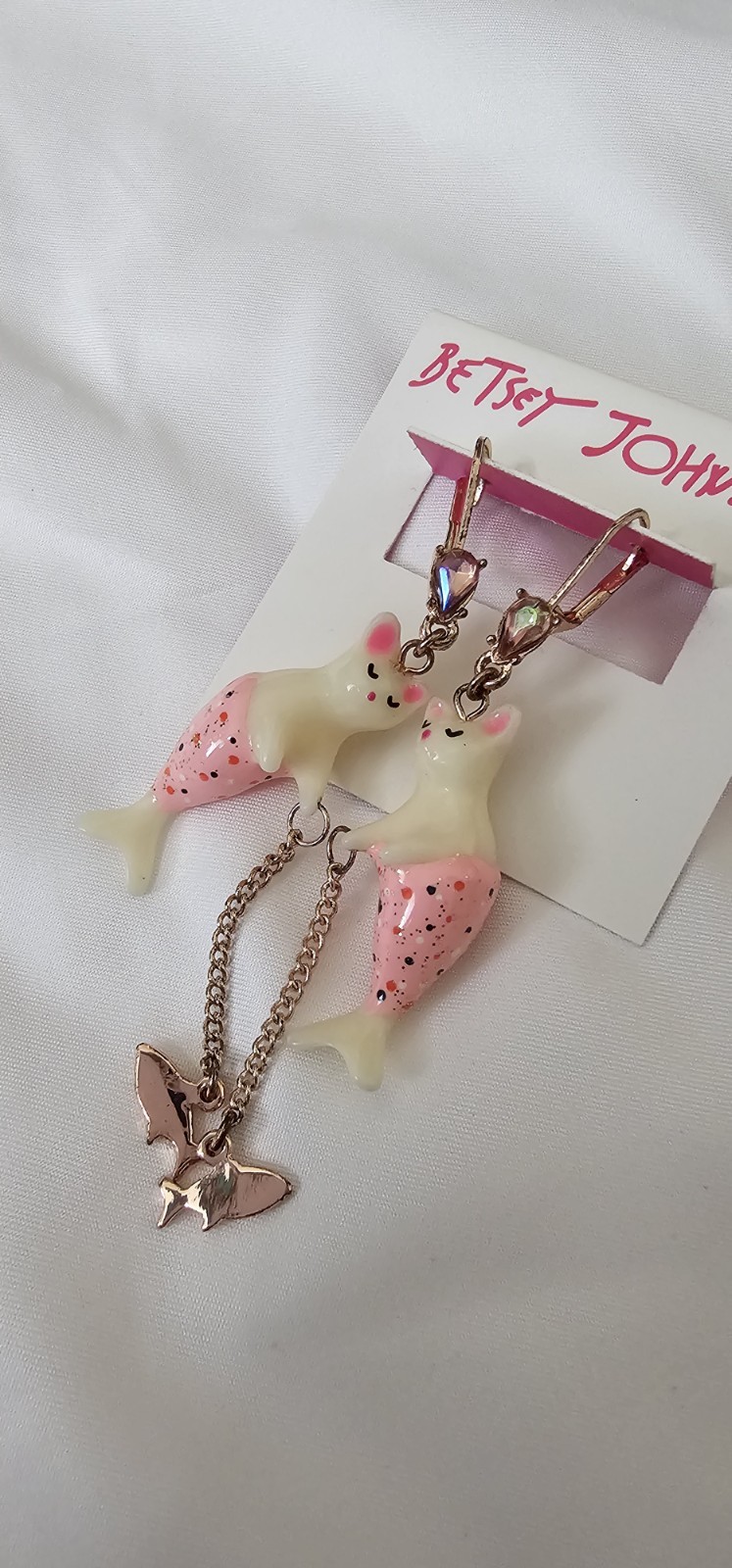 Betsey Johnson Purrmaid Mermaid Pink Cat Fishing Earrings