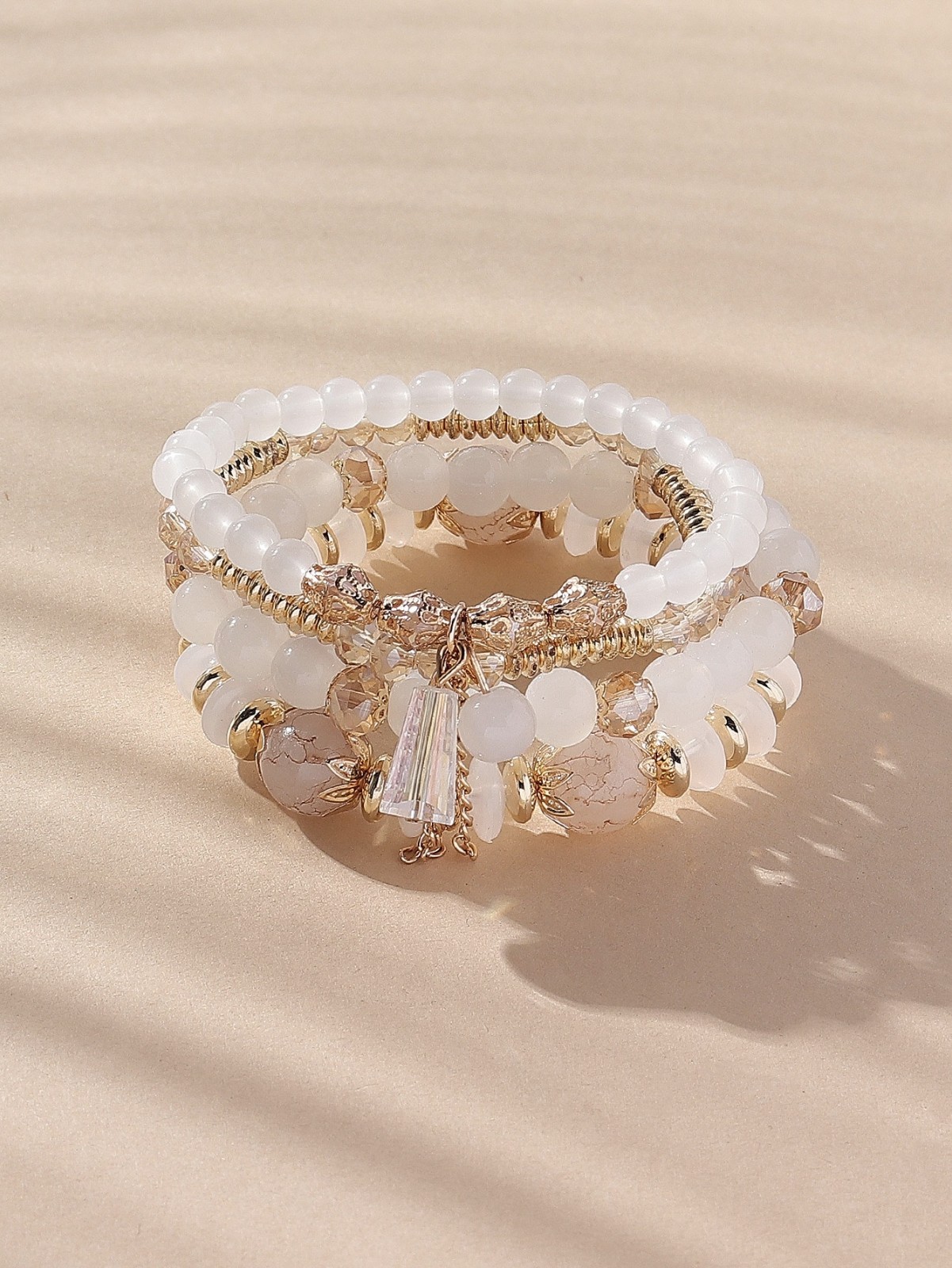 4PCS Bohemian Stackable Bracelets for Women Girls Gold Tone Beaded Stretch Charm