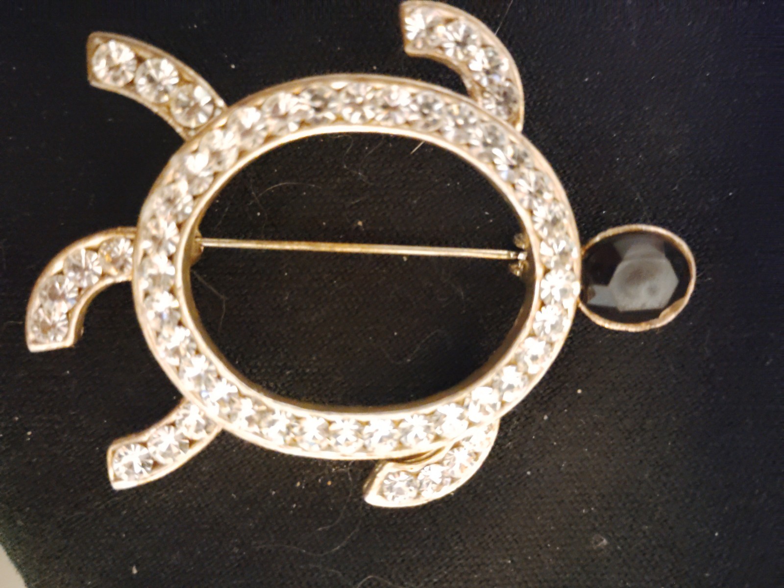 Silver Tone Turtle Brooch Pin Clear Round Pavé Rhinestones Crystal Black Accent