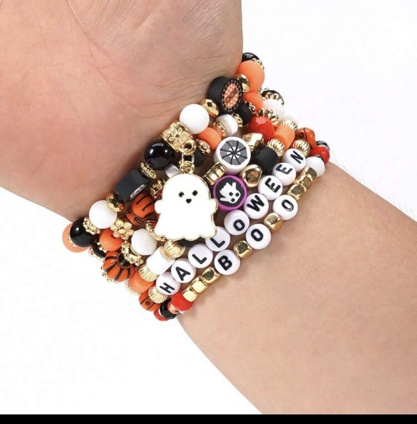 Ghost Bat Spider Web Pendent Boo Halloween 6 Stackable Beaded Bracelet Trendy