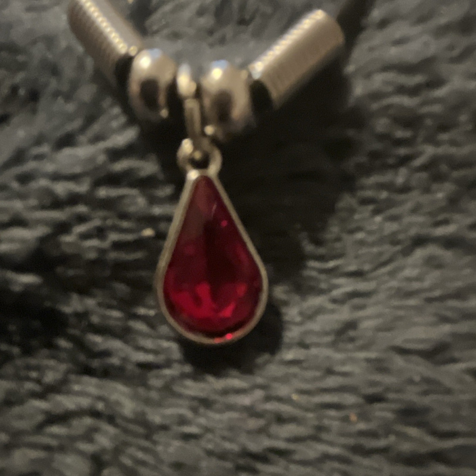 Red Crystal Teardrop Pendant Necklace Black Cord Silver Tone Bezel Set