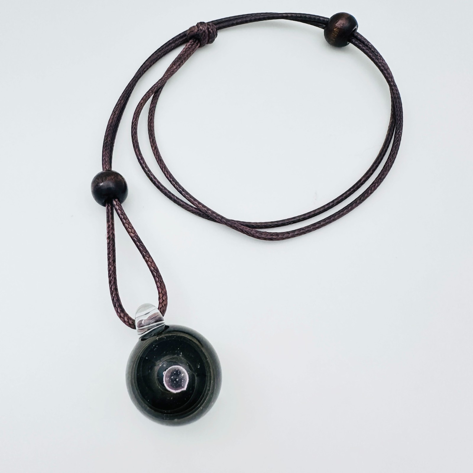 Galaxy Cosmic Sphere Glass Lampwork Pendant w/Long Brown Cord Necklace
