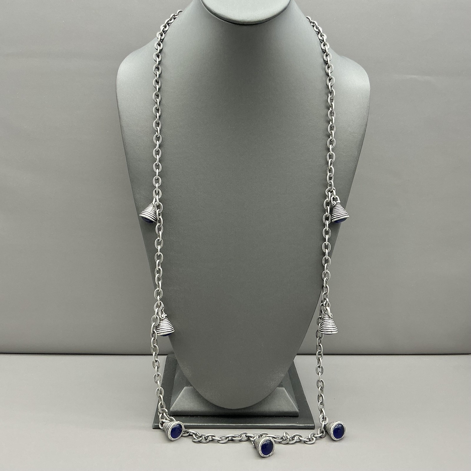 Necklace Silver Tone Chain Cone Charms Blue Cabochon Stones 30 In Womens Jewelry